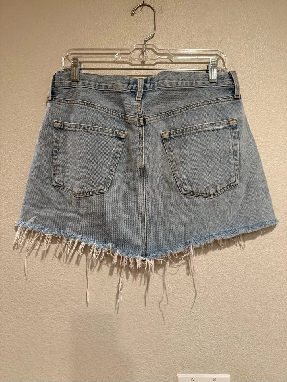 Agolde Light Blue Denim Asymmetrical Frayed Mini Skirt